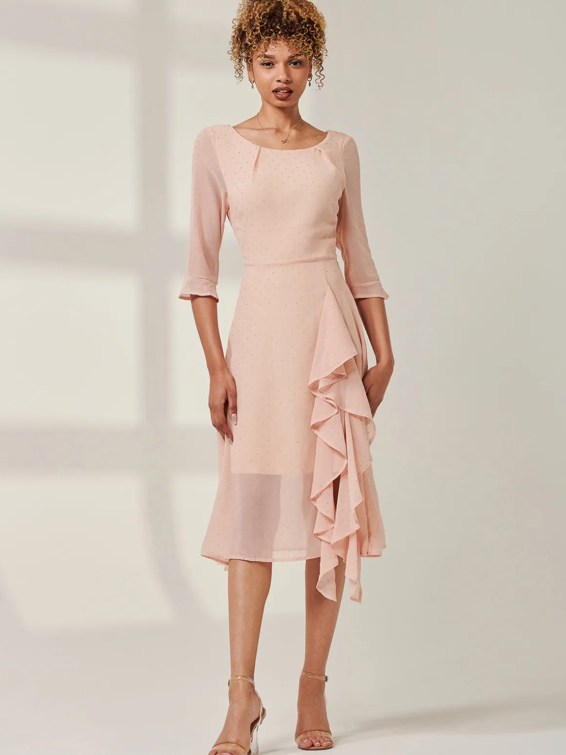Diamante Embellished Chiffon Midi Dress, Nude