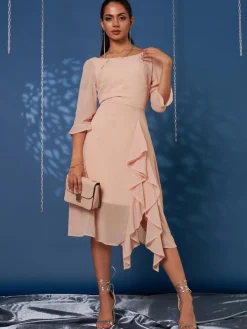 Diamante Embellished Chiffon Midi Dress, Nude