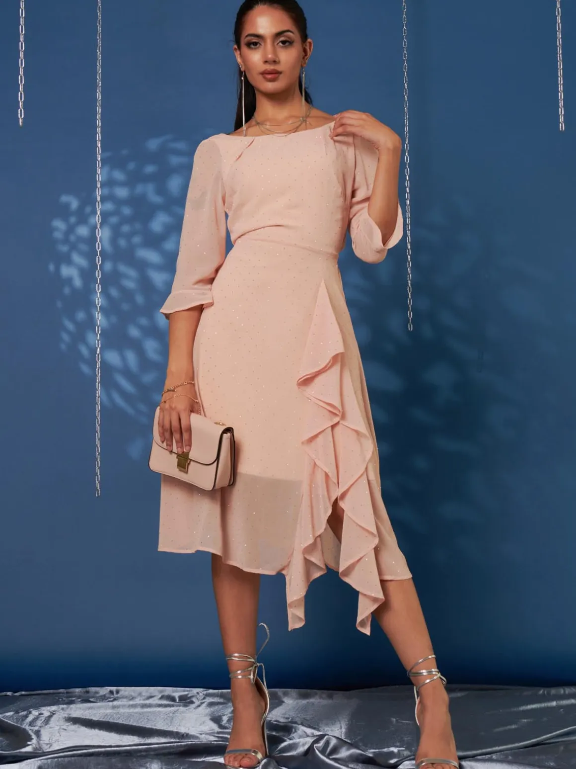 Diamante Embellished Chiffon Midi Dress, Nude