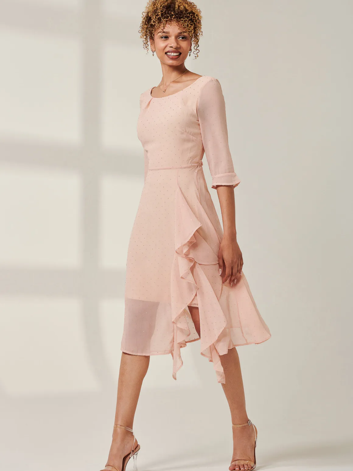 Diamante Embellished Chiffon Midi Dress, Nude