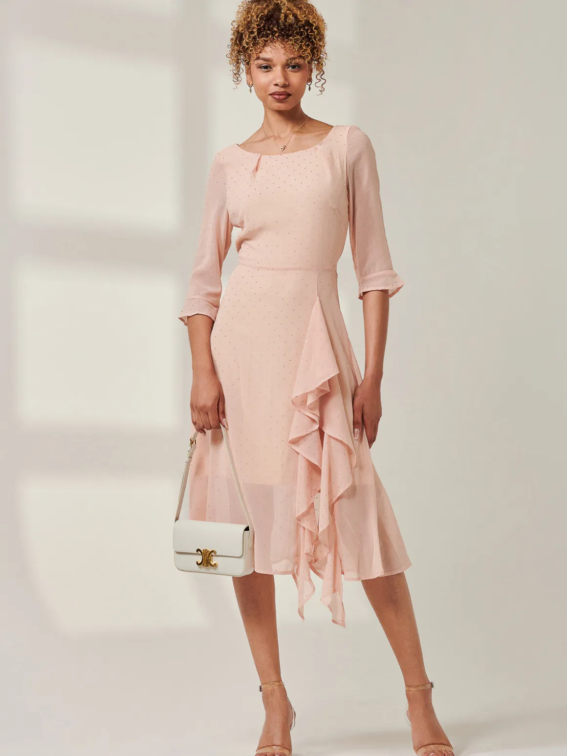 Diamante Embellished Chiffon Midi Dress, Nude