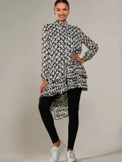 Dipped Hem Shirt Midi Dress, Black Geo