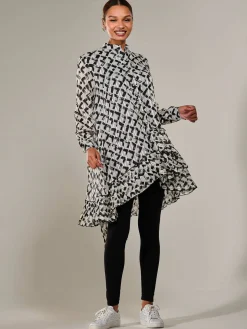 Dipped Hem Shirt Midi Dress, Black Geo