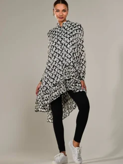 Dipped Hem Shirt Midi Dress, Black Geo