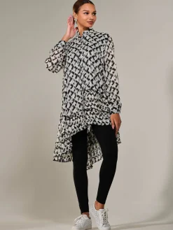 Dipped Hem Shirt Midi Dress, Black Geo