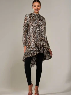 Dipped Hem Shirt Midi Dress, Brown Animal