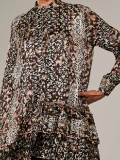 Dipped Hem Shirt Midi Dress, Brown Animal