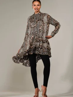 Dipped Hem Shirt Midi Dress, Brown Animal