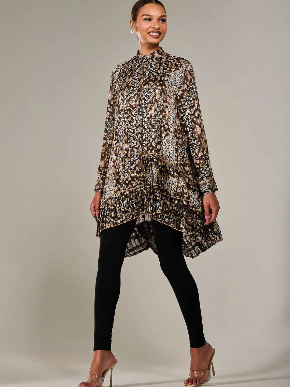 Dipped Hem Shirt Midi Dress, Brown Animal