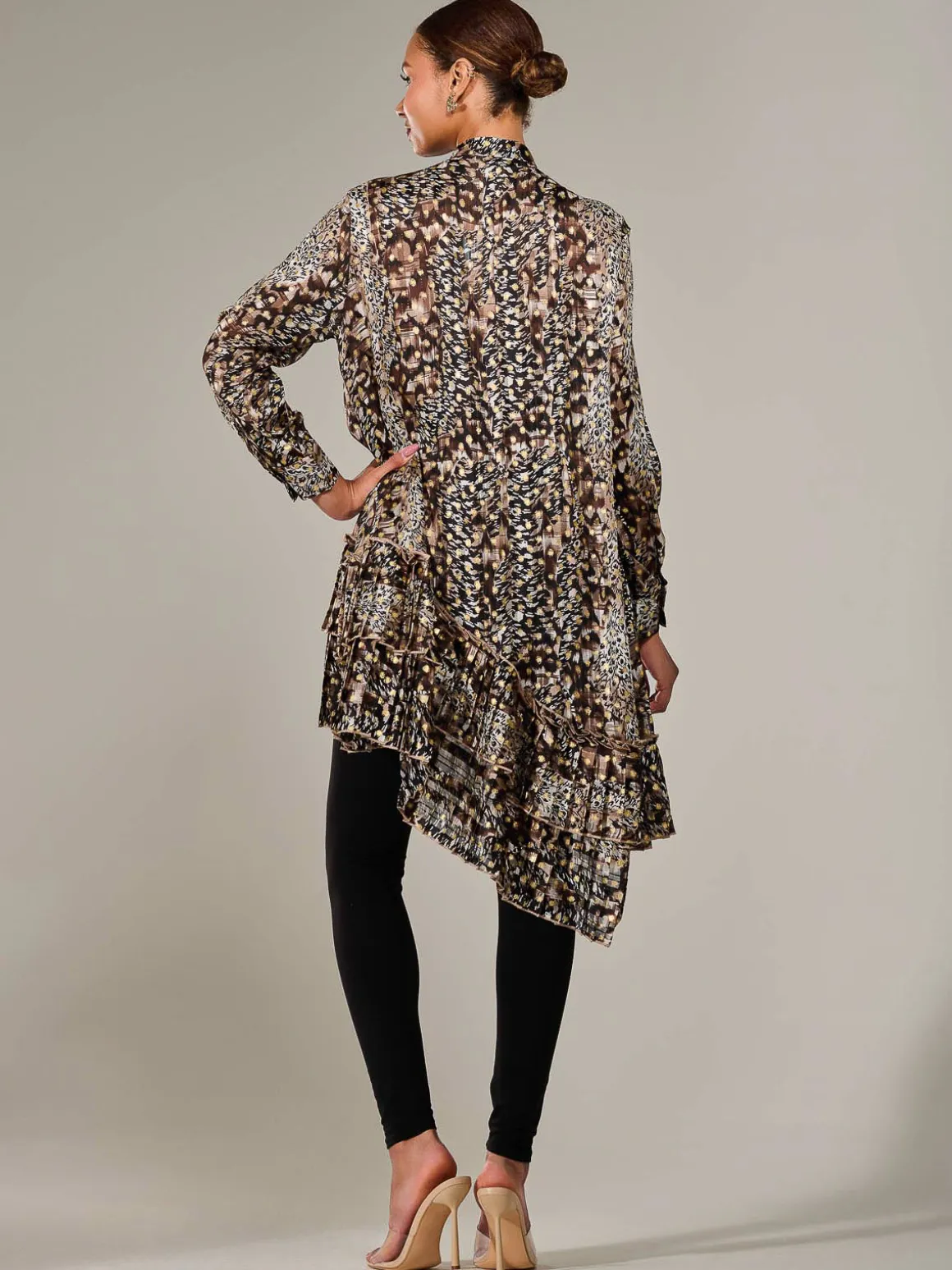 Dipped Hem Shirt Midi Dress, Brown Animal