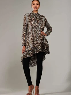 Dipped Hem Shirt Midi Dress, Brown Animal