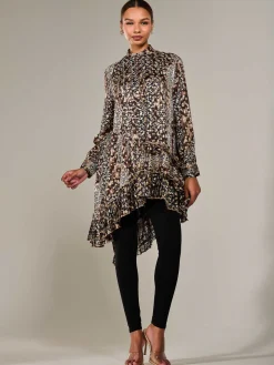 Dipped Hem Shirt Midi Dress, Brown Animal