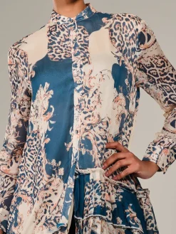 Dipped Hem Shirt Midi Dress, Teal Animal