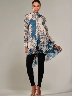 Dipped Hem Shirt Midi Dress, Teal Animal