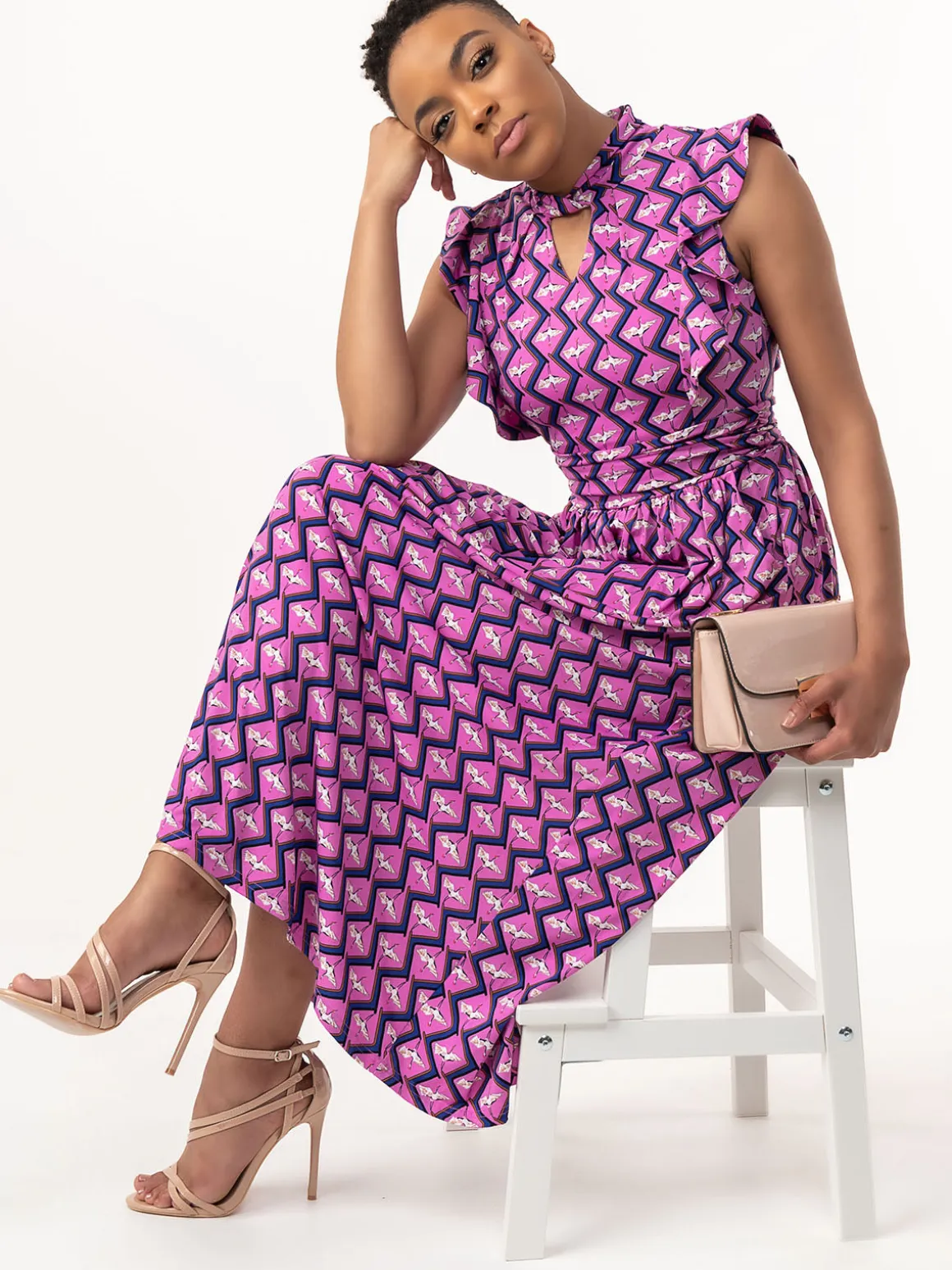 Doris Frilly Maxi Dress, Pink Animal