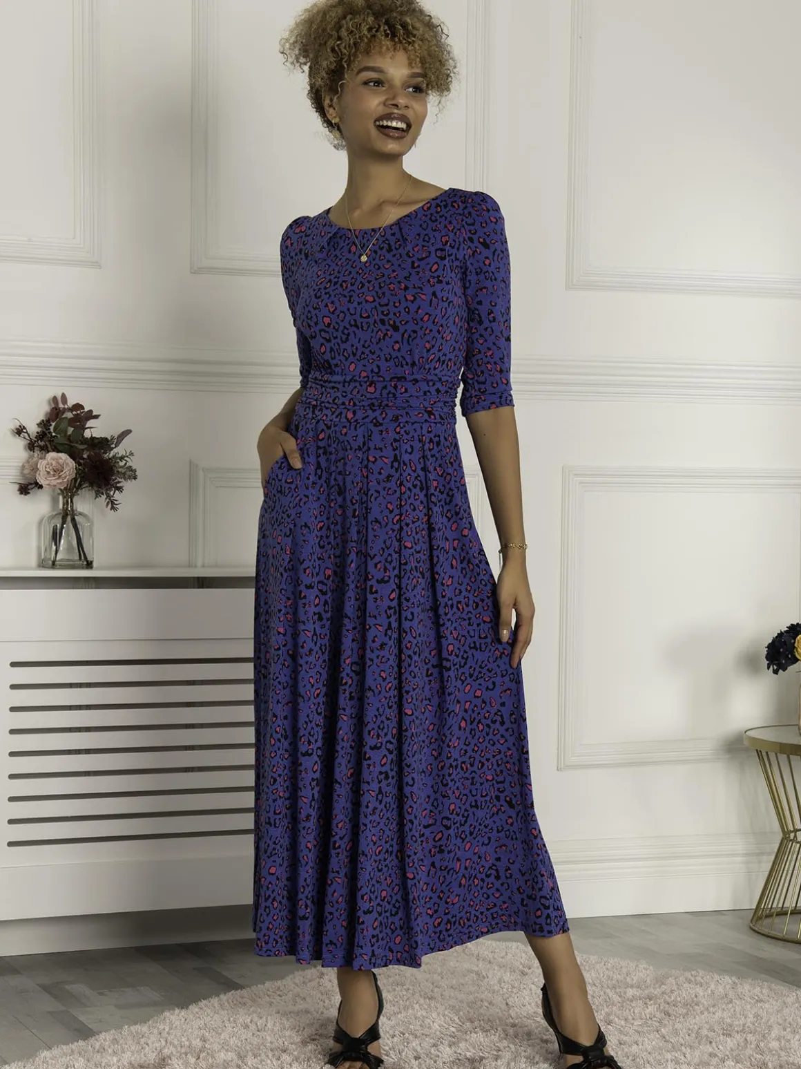 Dorothy 3/4 Sleeve Maxi Dress, Blue Animal