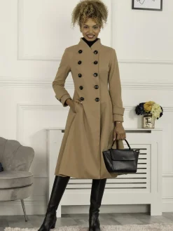 Double Breasted Button Detail Fit And Flare Coat, Camel