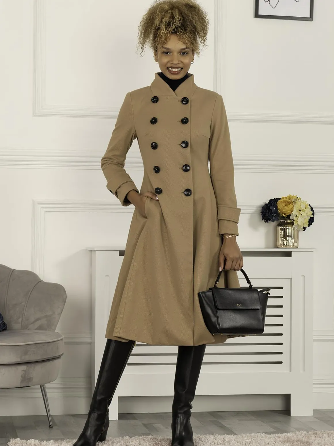 Double Breasted Button Detail Fit And Flare Coat, Camel