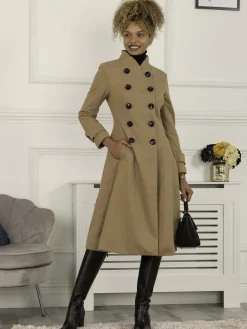 Double Breasted Button Detail Fit And Flare Coat, Camel