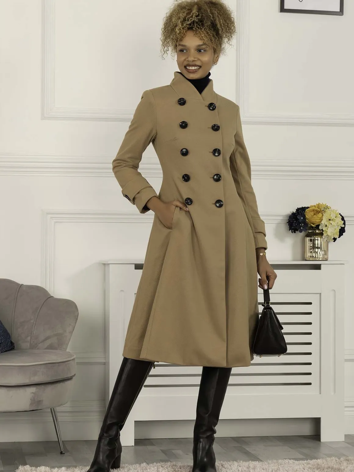 Double Breasted Button Detail Fit And Flare Coat, Camel