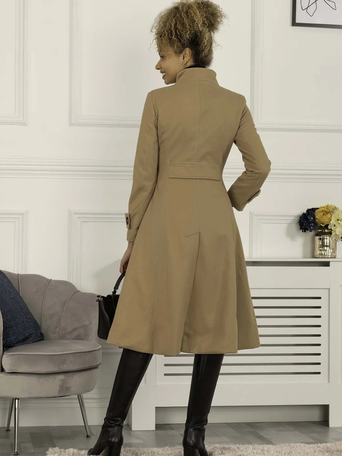 Double Breasted Button Detail Fit And Flare Coat, Camel