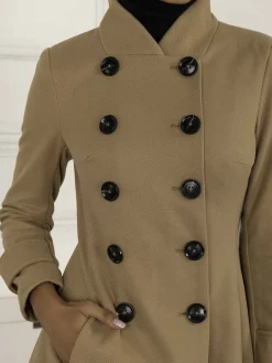 Double Breasted Button Detail Fit And Flare Coat, Camel