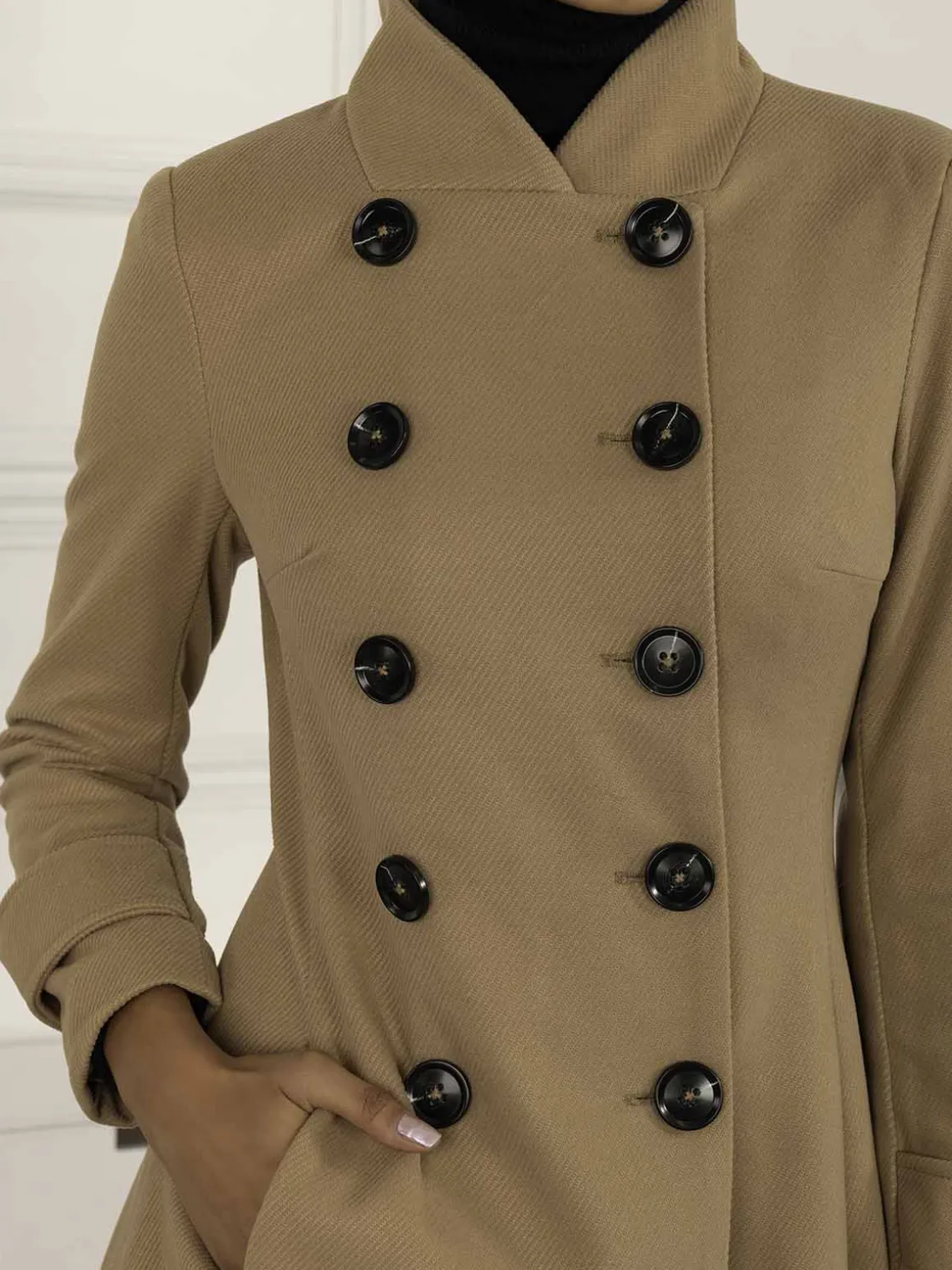 Double Breasted Button Detail Fit And Flare Coat, Camel