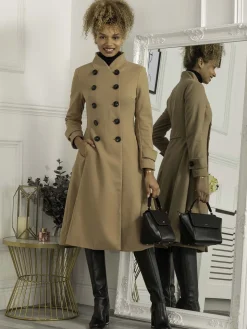 Double Breasted Button Detail Fit And Flare Coat, Camel