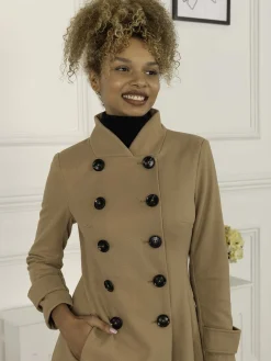 Double Breasted Button Detail Fit And Flare Coat, Camel
