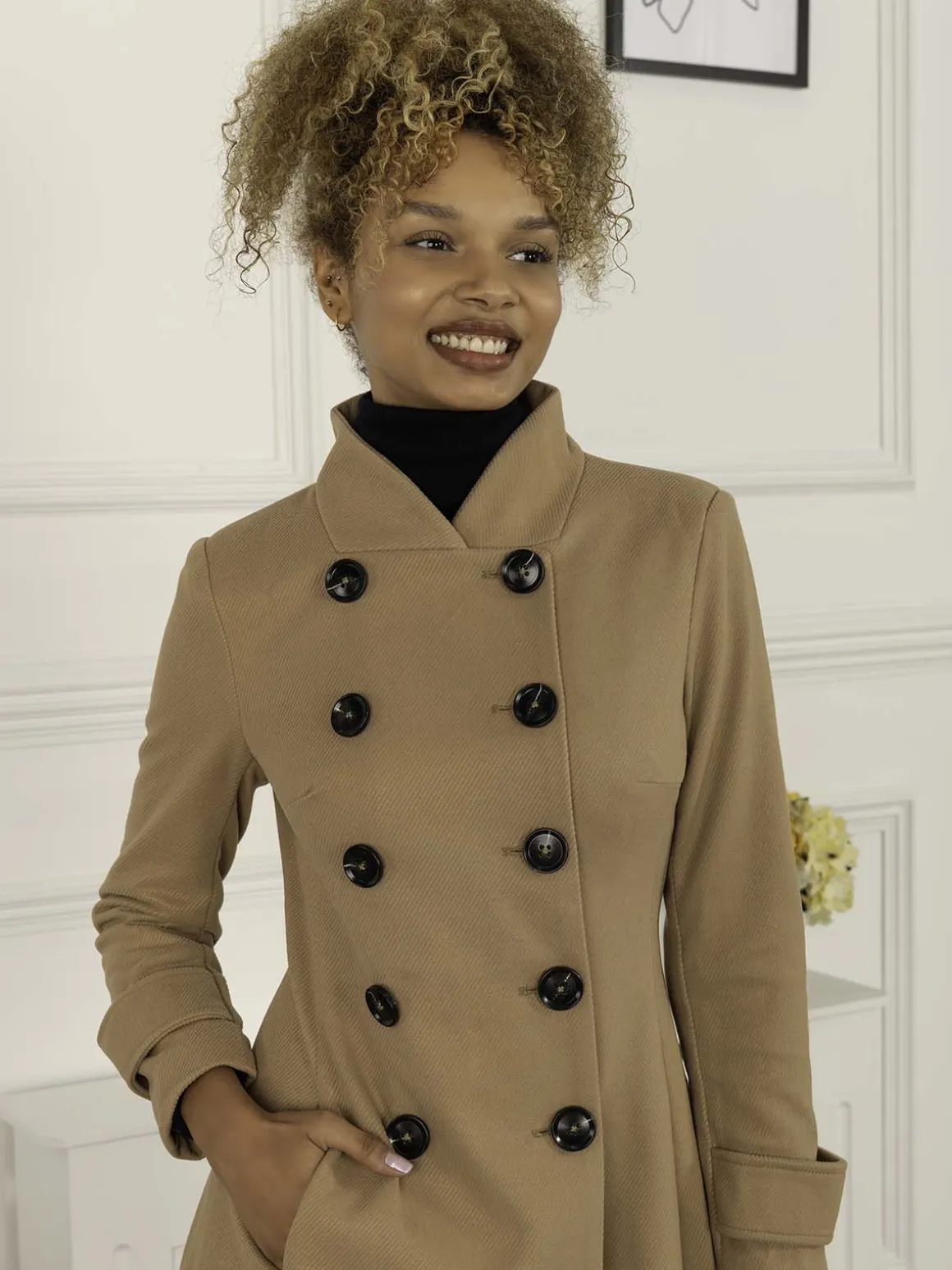 Double Breasted Button Detail Fit And Flare Coat, Camel