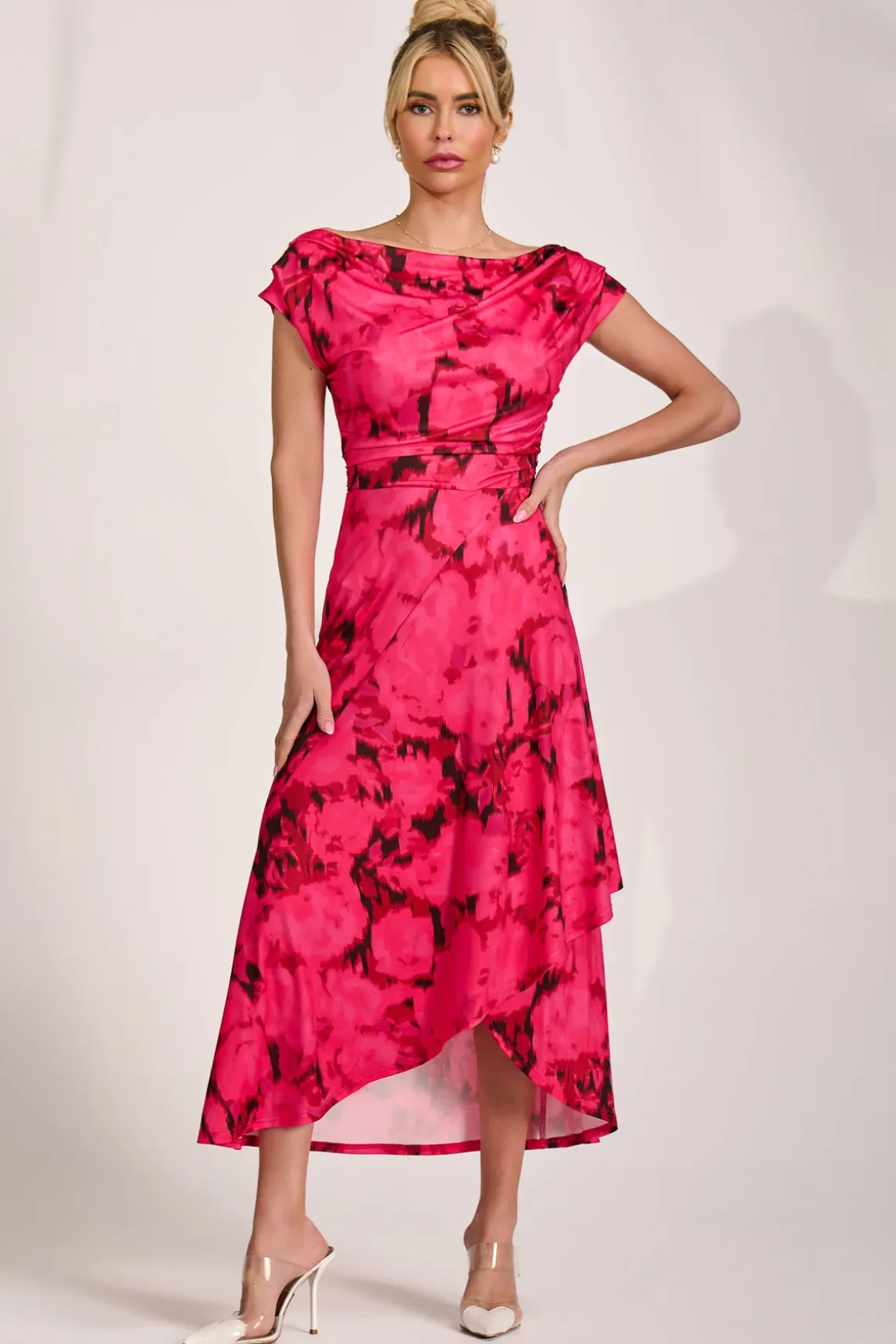 Draped Asymmetric Jersey Midi dress, Red Abstract