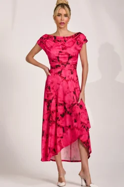 Draped Asymmetric Jersey Midi dress, Red Abstract