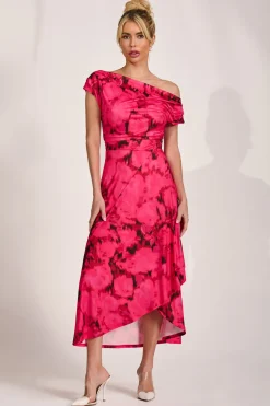 Draped Asymmetric Jersey Midi dress, Red Abstract
