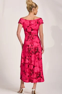 Draped Asymmetric Jersey Midi dress, Red Abstract