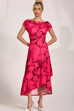 Draped Asymmetric Jersey Midi dress, Red Abstract