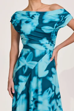 Draped Asymmetric Jersey Midi dress, Teal Abstract