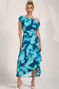 Draped Asymmetric Jersey Midi dress, Teal Abstract