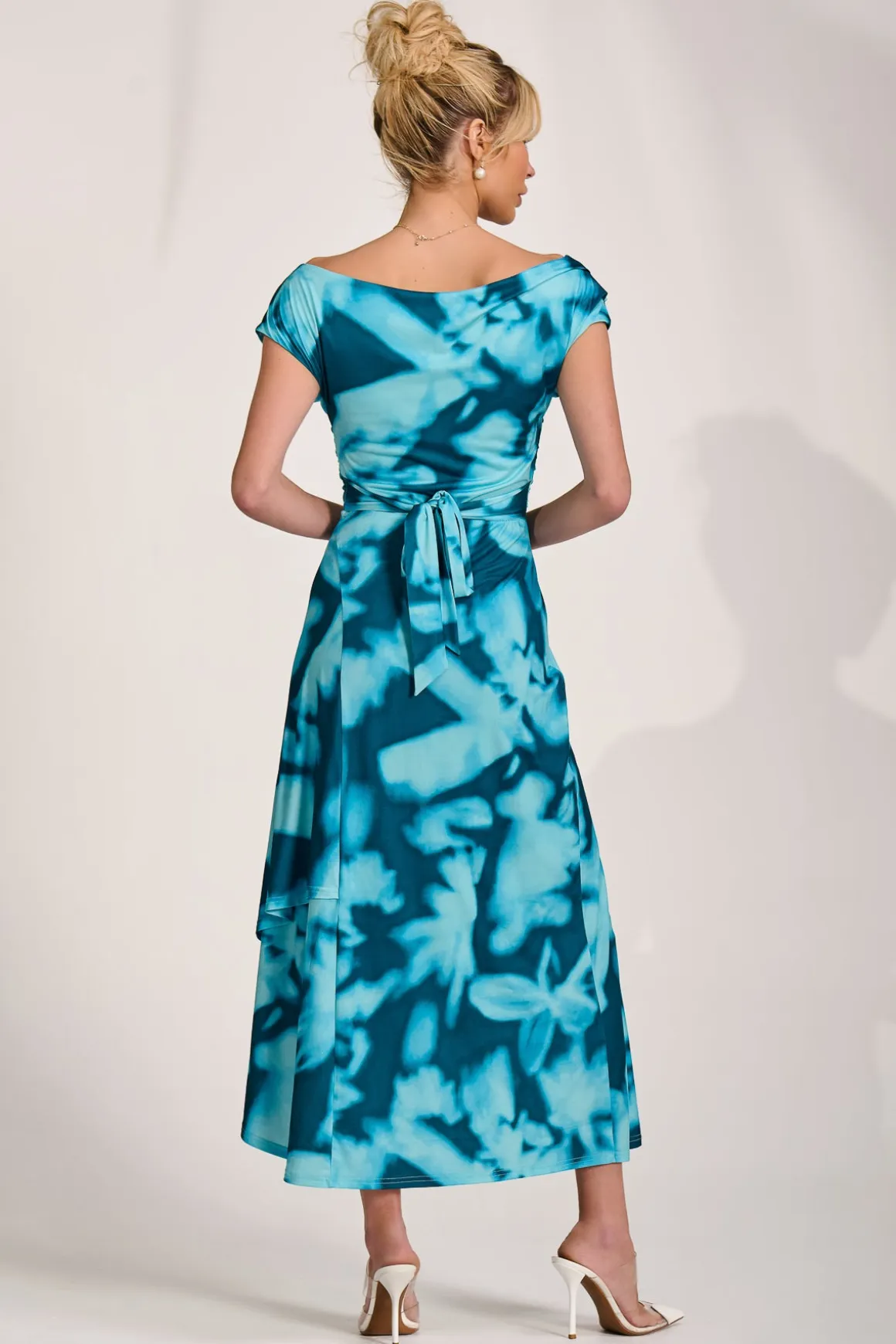 Draped Asymmetric Jersey Midi dress, Teal Abstract