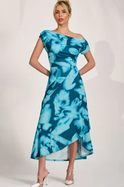Draped Asymmetric Jersey Midi dress, Teal Abstract