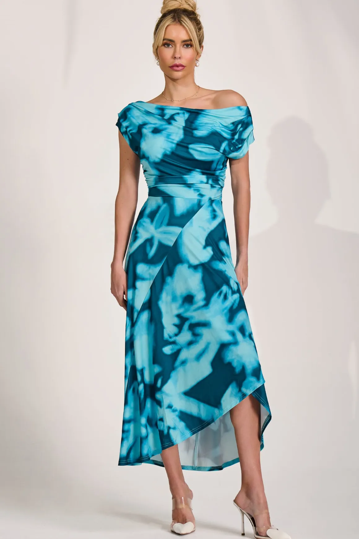 Draped Asymmetric Jersey Midi dress, Teal Abstract