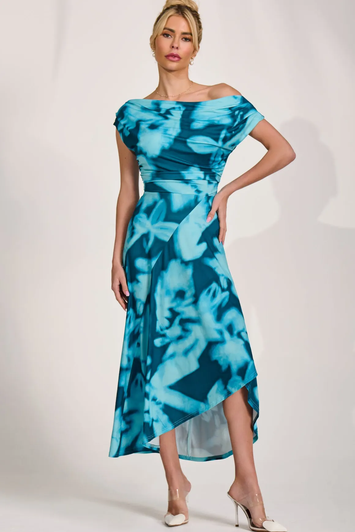 Draped Asymmetric Jersey Midi dress, Teal Abstract