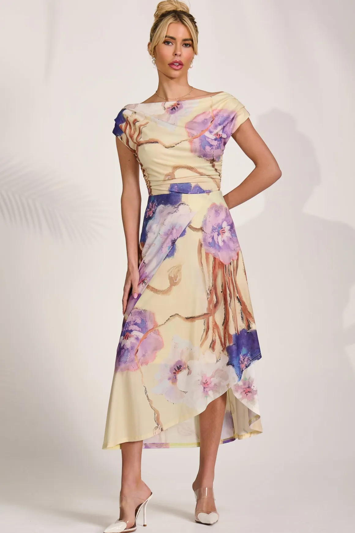 Draped Asymmetric Jersey Midi dress, Yellow Floral