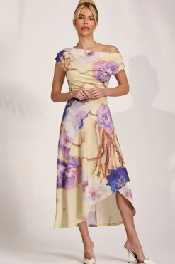 Draped Asymmetric Jersey Midi dress, Yellow Floral