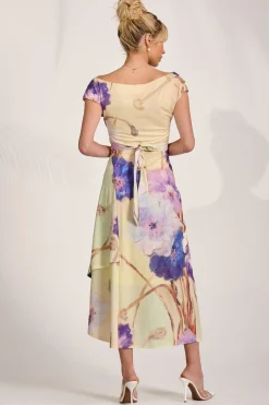 Draped Asymmetric Jersey Midi dress, Yellow Floral