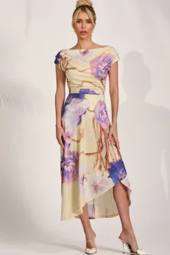 Draped Asymmetric Jersey Midi dress, Yellow Floral