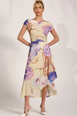 Draped Asymmetric Jersey Midi dress, Yellow Floral