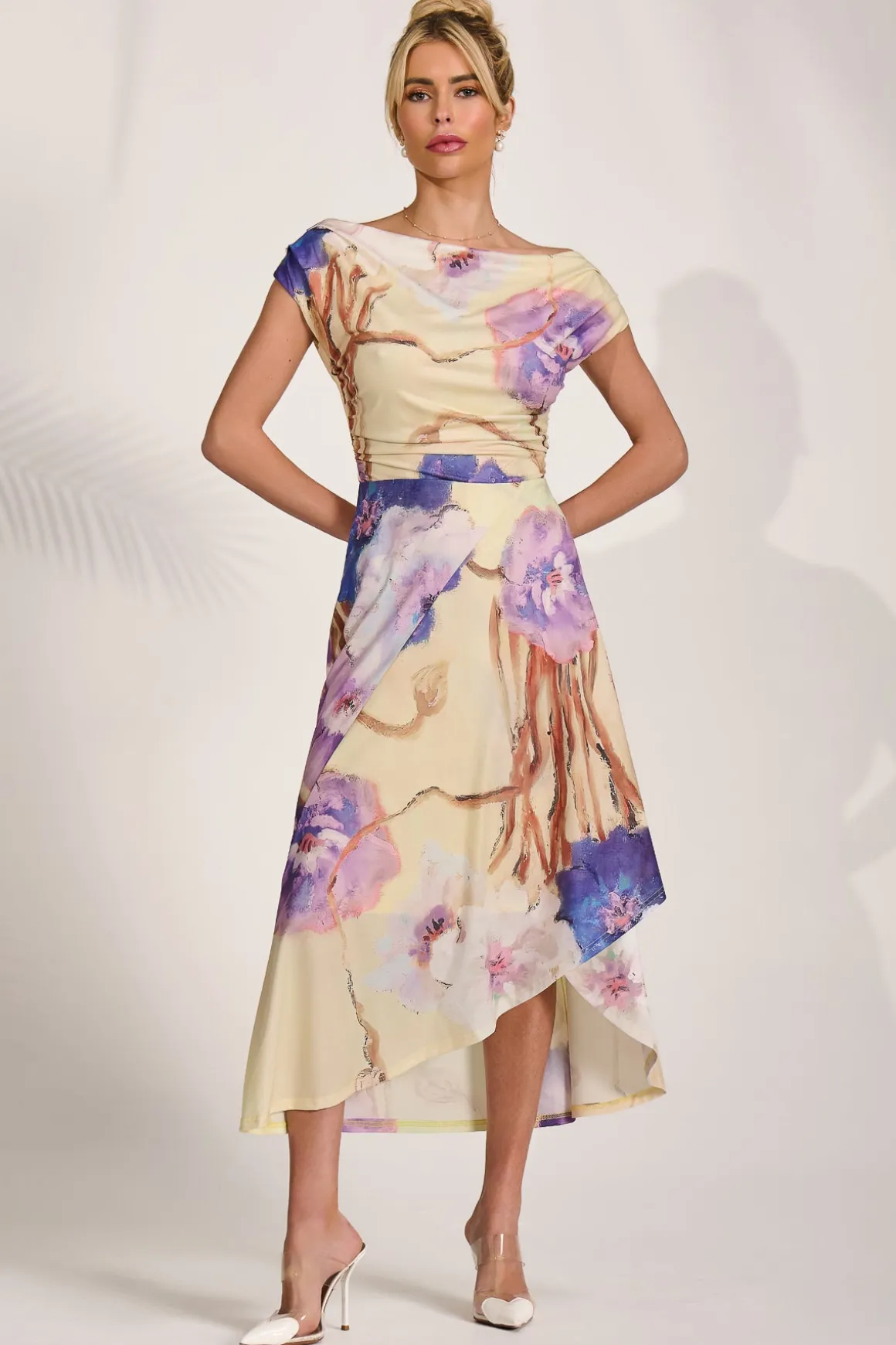 Draped Asymmetric Jersey Midi dress, Yellow Floral
