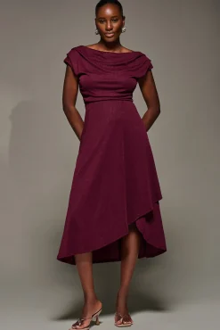 Draped Jersey Cowl Neck Midi Dress, Burgundy