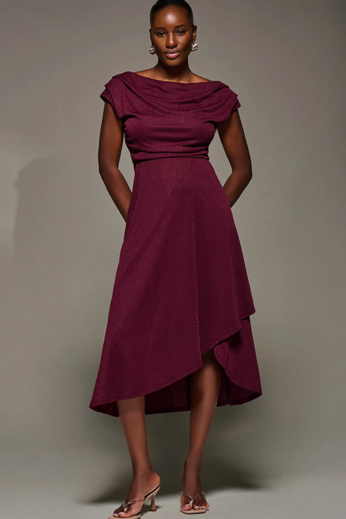 Draped Jersey Cowl Neck Midi Dress, Burgundy