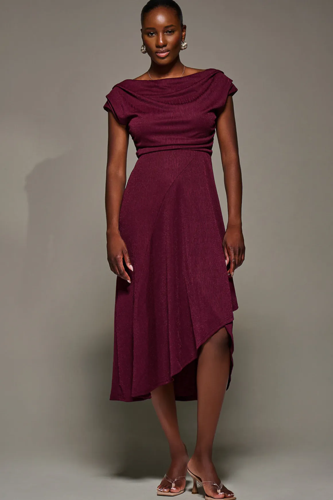 Draped Jersey Cowl Neck Midi Dress, Burgundy